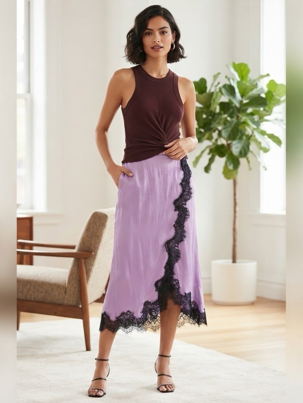Anthropologie Asymmetrical Burgundy Tank with Lavender Skirt and Black Lace